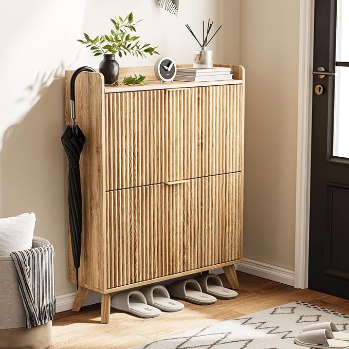 Fluted Shoe Cabinet with 2 Flip Drawers, Mid Century Modern Shoe Storage Cabinet for Entryway, Hidden Shoes Rack Cabinets Free Standing Shoes Organizer for Hallway(Oak)