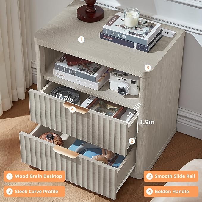 LEYAOYAO Fluted Farmhouse Nightstand Set of 2 with Charging Station, 23" Wide 2 Drawers Night Stand,LightGrey Dresser for Bedroom,Bed Side Table Chest of Drawers,Wood End Table for Living Room