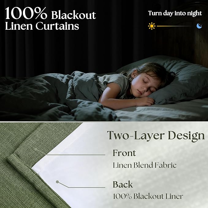 Thick Linen Olive Green Blackout Curtains 90 Inches Long for Living Room Bedroom 100% Black Out Pinch Pleated Drapes Double Layer Room Darkening Light Blocking Thermal Insulated 90 Inch Curtain Loden