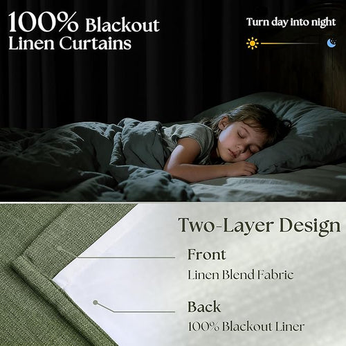 102 Inch Linen Pleated Black Out Curtains 2 Panels Set for Bedroom Living Room Darkening 100% Blackout Memory Trained Farmhouse Rustic Farmhouse Pinch Pleat Window Curtain Olive Green 102 Inch Length