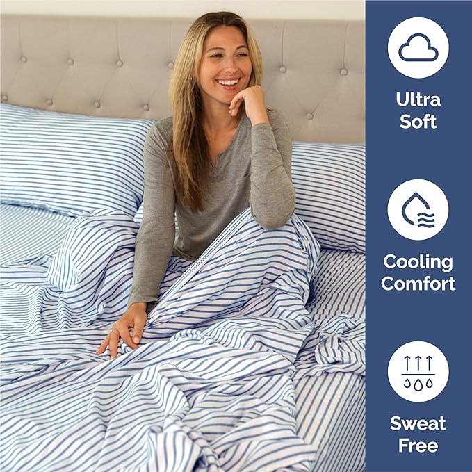 Split King 7 Piece Sheet Set - Cooling & Breathable - Hotel Luxury Bedding Includes Fitted Sheets for Women, Men, Kids & Teens - 1 Flat, 2 Fitted Sheets, 4 Pillowcases w/Deep Pockets - Blue Stripes