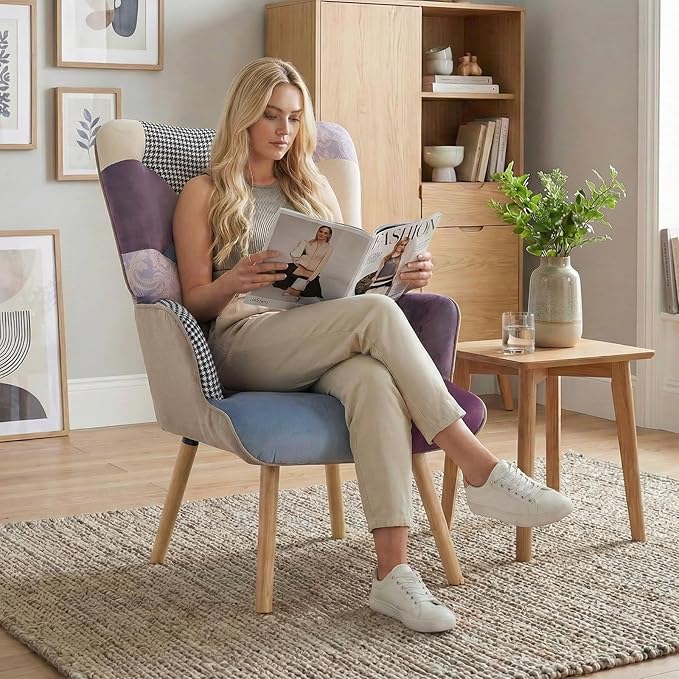 Joysoul Living Room Accent Chair Modern High Back Arm Chair, Houndstooth Pattern Bohemian Style Chairs for Bedroom Waiting Room (Purple Plaid)