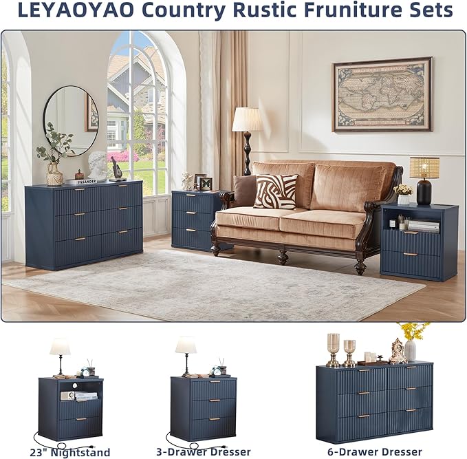 LEYAOYAO Fluted Farmhouse Nightstand Set of 2 with Charging Station, 23" Wide 2 Drawers End Table,Navy Blue Dresser for Bedroom,Bed Side Table Chest of Drawers Cabinet,Wood Night Stand for Living Room
