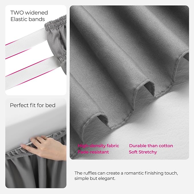 RIMELA Light Grey Bed Skirt Queen Size 16 Inch Drop, Elastic Bed Skirting for Bed Base and Frame, Bedding Dust Ruffle Easy to Install, Lightweight Comforter Set with Wrap Around Adjustable Bedskirt