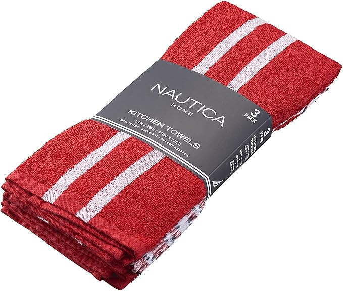 Nautica 100% Cotton Kitchen Towels Set of 3 | 18" X 28" Super Absorbent Reusable Cleaning Cloths, Tea Towels, Hand Towels for Drying Dishes | Red Plaid/Red Dish Towels for Kitchen Shops & Bars