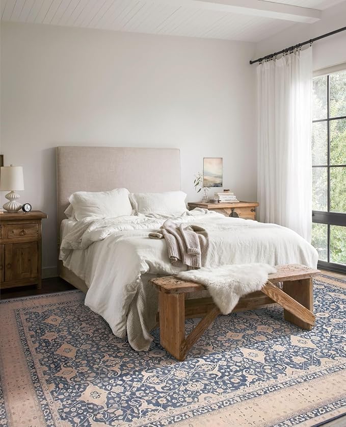 vivorug 5x7 Area Rugs - Ultra-Thin Washable Rug with Non-Slip Backing, Ideal for Living Room, Bedroom, Dining Room Indoor - Vintage Floral, Easy Clean, Durable, Low Pile Rug Blue