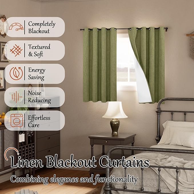 100% Linen Blackout Curtains for Bedroom Living Room 45 Inch Long 2 Panels, Thermal Insulated Light Blocking Soundproof Curtains, Noise Reducing Window Drapes 52x45 Inch 2 Panels, Olive Green