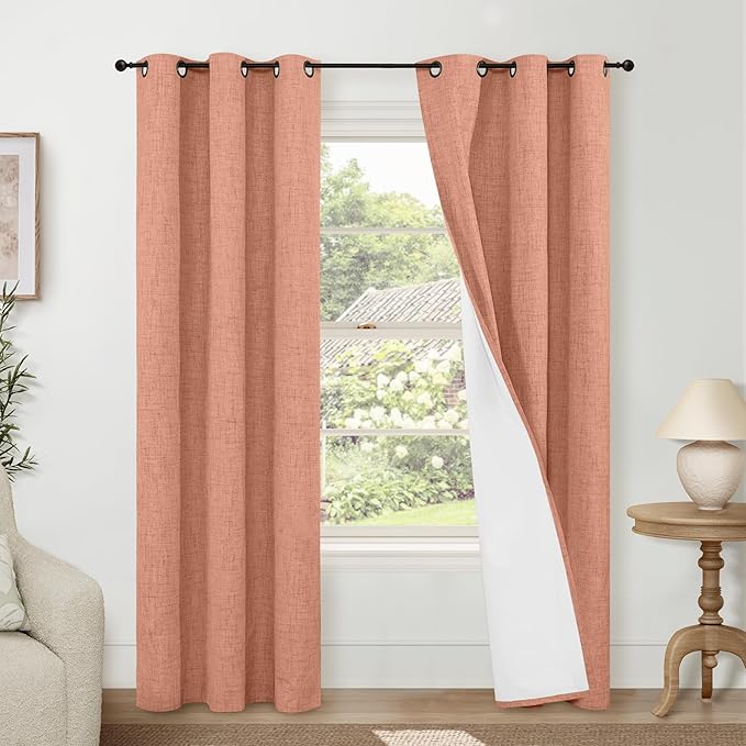 Linen Blackout Curtains 80 Inch Long for Living Room Narrow Window, 38 Inch Wide Thermal Insulated Complete Light Blocking Soundproof Small Curtains for Bedroom, 38x80 Inch 2 Panels, Terracotta