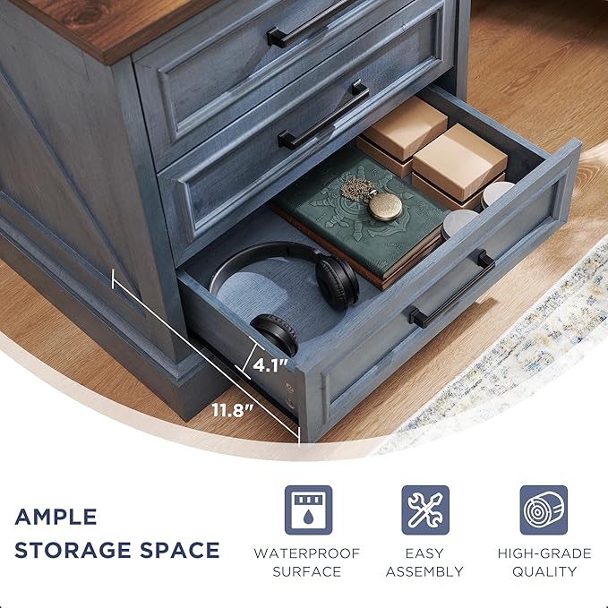 ACCOHOHO Farmhouse Nightstands Set of 2, 22 Inch Wide End Table with Charging Station & 3 Large Drawers, Rustic Wood Small Dresser Chest of Drawers for Bedroom, Living Room, Blue