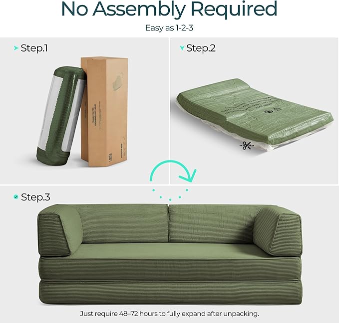 LINSY HOME 79'' Convertible Sofa Bed - Boneless Compression Sofa Folding Loveseat Sleeper - Foldable Corduroy Couch Bed for Living Room Bedroom - Modular Sectional Compressed Sofa in Box, Green