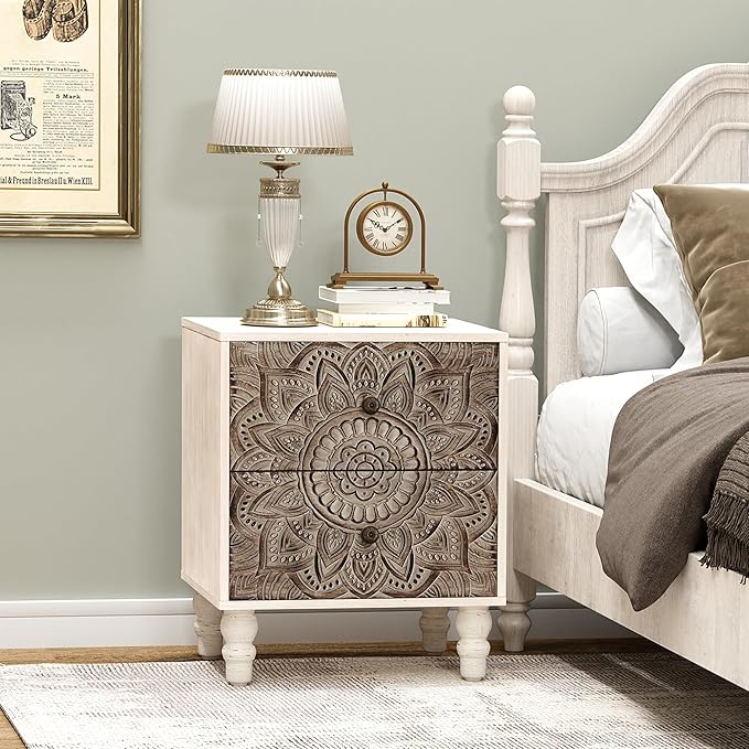 COSIEST Vintage Nightstand, 18" Wide Wood Small Bed Side Table with 2 Drawers, Accent Bedside Table, Bedroom Furniture for Home, Office (Lotus Pattern)