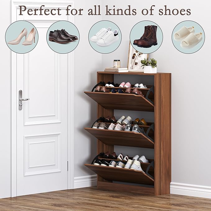 Shoe Cabinet with 3 Flip Drawers, Slim Narrow Shoe Storage Cabinet, Freestanding Shoe Organizer with Adjustable & Removable Shelves, Top Display Shelf for Entryway, Hallway, Foyer, Closet