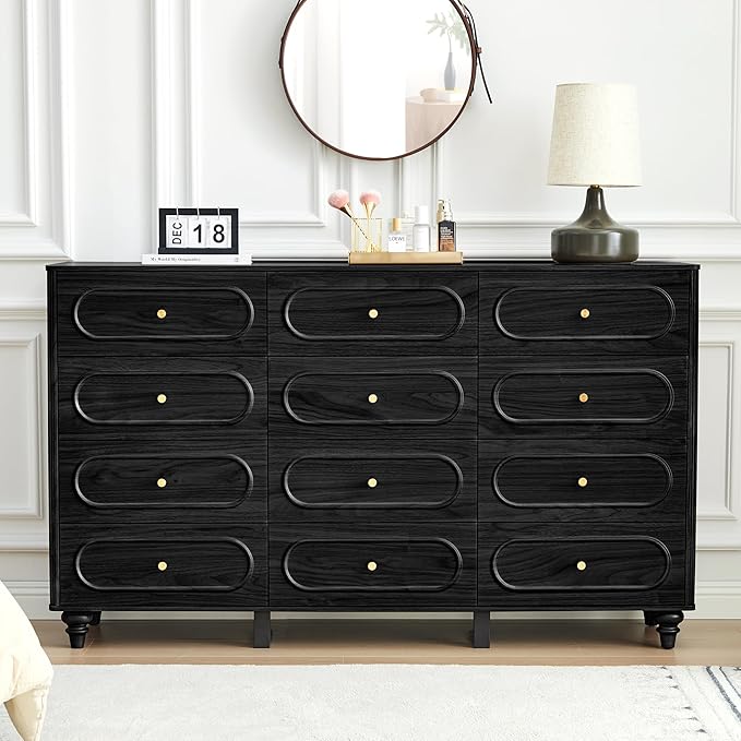 12 Drawer Fluted Dresser for Bedroom, Mid Century Modern Chest of Drawers, Wood Storage Small Dresser Organizer for Bedroom Living Room Hallway Closet, Black