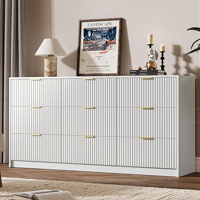White 9 Drawer Dresser for Bedroom, 63" Wide Modern Fluted Dresser with Gold Metal Handles, Chest of Drawers for Bedroom, Living Room, Entryway, Hallway