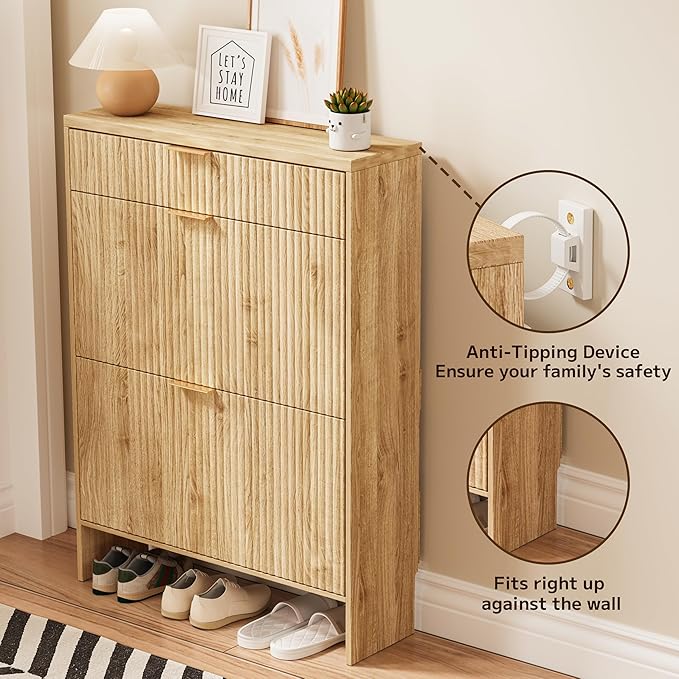 Fluted Shoe Cabinet Storage with 2 Flip Drawers & 1 Drawers, Wood Narrow Hidden Shoe Cabinet with Adjustable Shelf for Entryway, Freestanding Slim Shoe Rack Organizer for Foyer Hallway Living Room