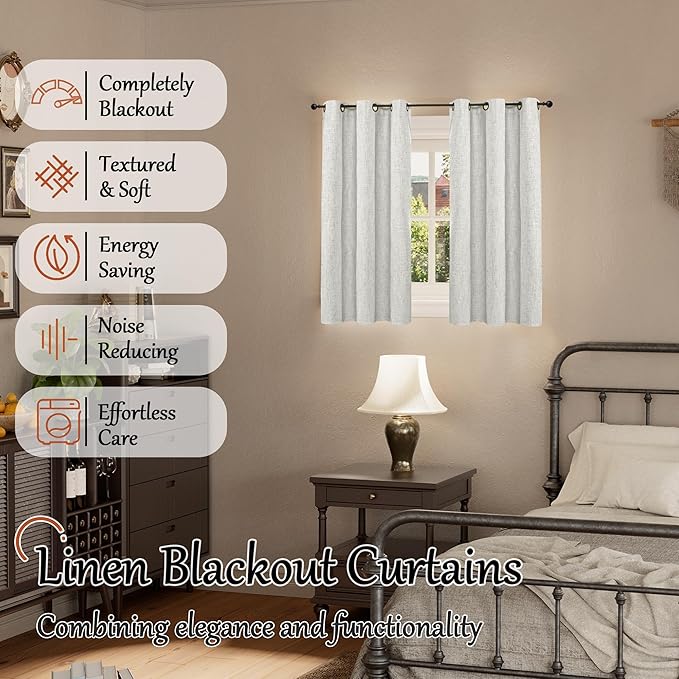 40 Inch Length Linen Blackout Curtains for Short Cafe Window, Thermal Insulated Light Blocking Soundproof Privacy Burlap Curtains 2 Panels, Each 38 Inch Wide Light Grey