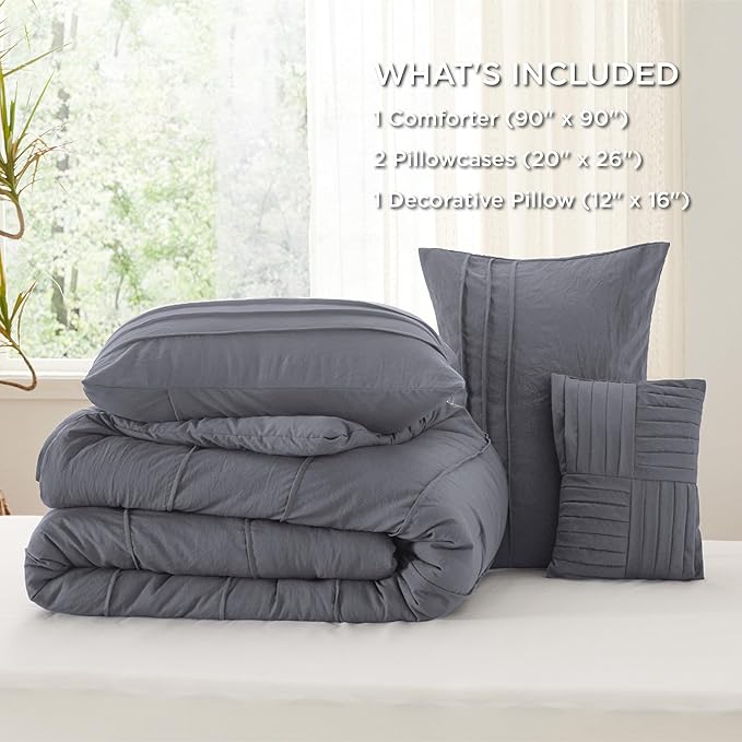 Bedsure Queen Comforter Set - 4 Pieces Pinch Pleat Bed Set, Dark Grey Boho Bedding for All Season, 1 Soft Comforter, 2 Pillowcases, 1 Decorative Pillow