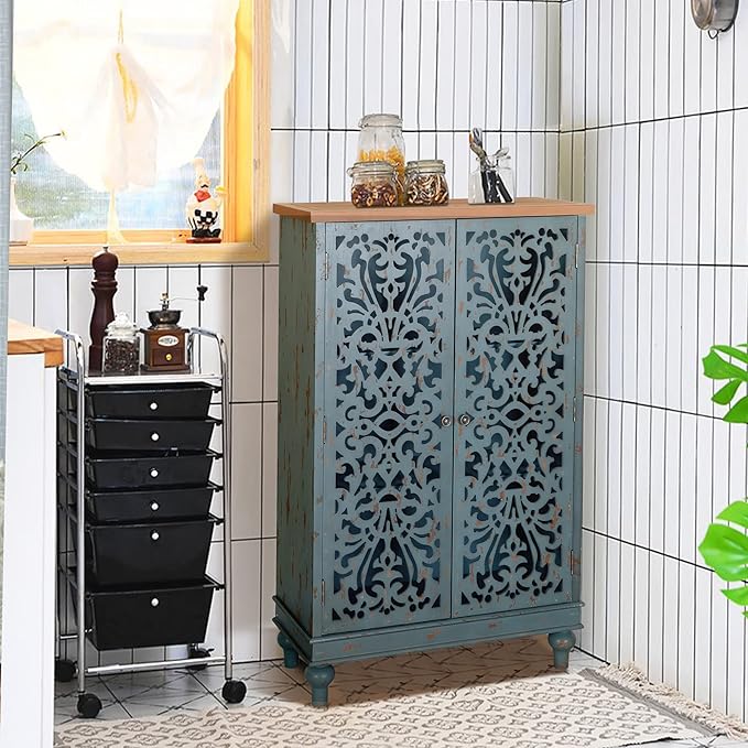 PHI VILLA Tall Accent Cabinet with Doors - Credenza for Living Room Farmhouse Storage Cabinet with Hollow Carved Door, 2 Door Accent Cabinets