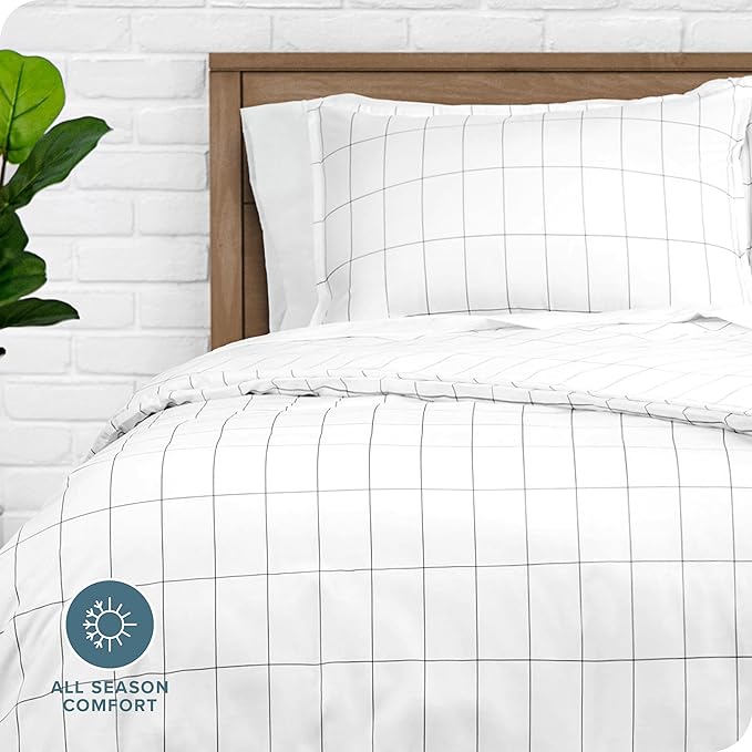 Bare Home Duvet Cover - Queen Size Bedding Set - Premium 1800 Super Soft Collection - Lightweight, Cooling - Soft Breathable Duvet Cover (Queen, Grid – White/Grey)