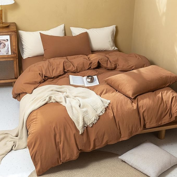 FOSSA Duvet Cover Set 100% Washed Cotton Linen Feel Super Soft Breathable Cozy 3 Pieces Bedding Sets Solid Dark Orange Oversized Queen