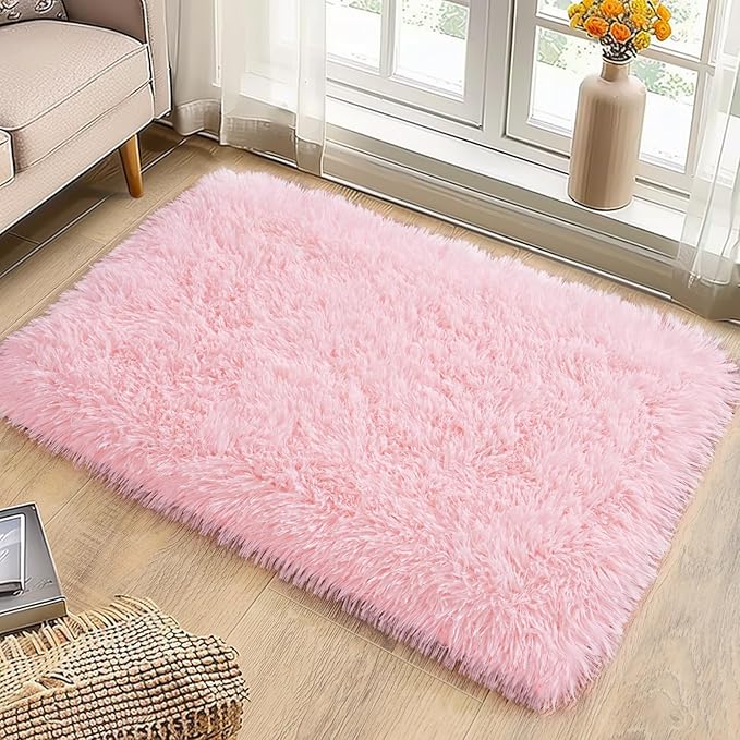 Small Pink Rug for Bedroom, 2x3 Fluffy Shaggy Area Rugs for Girls Kids Room, Soft Non-Slip Fuzzy Shag Carpet for Living Room, Indoor Floor Throw Rugs for Home Decor