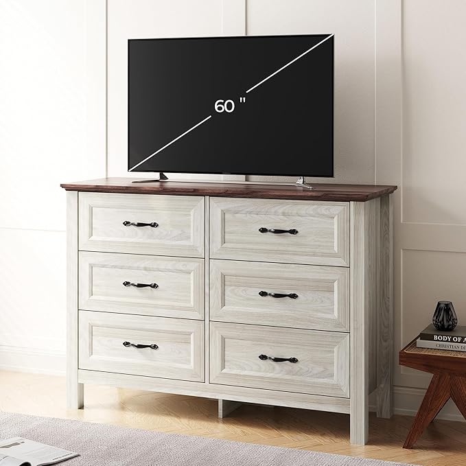 LINSY HOME 6 Drawers Dresser for Bedroom, 47" Wide Wooden Storage Chest with Antique Handles, Modern Farmhouse Dresser TV Stand with Wood Legs for Closet, Living Room, Hallway, Beige