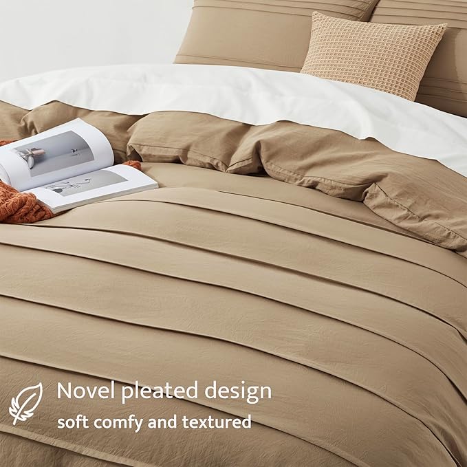 Oli Anderson Khaki Duvet Cover King Size - Pleated King Duvet Cover, 3PCS Soft and Breathable Textured Bedding Set with Zipper Closure(Khaki,104"x90")