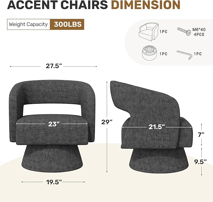 Swivel Accent Chair Set of 4, Modern Comfy Chenille Barrel Chairs, Oversized Upholstered Round Arm Chair for Living Room, Bedroom, Reading Room, Black