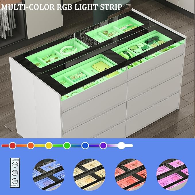 White Dresser for Bedroom Set of 2, 8 Drawer Dresser with Glass Top and LED Light, Modern Chest of Drawers, Jewelry Dressers Display, Dressers Organizer for Bedroom, Closet, Living Room