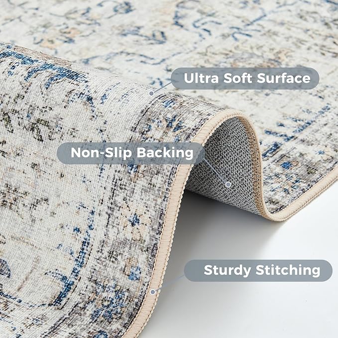 jinchan Kalen Area Rug 2x3 Washable Entryway Rug Vintage Doormat Indoor Entrance Lightweight Thin Retro Distressed Door Mat Floral Print Country Boho Non Slip Carpet for Bathroom Kitchen Bedroom Blue