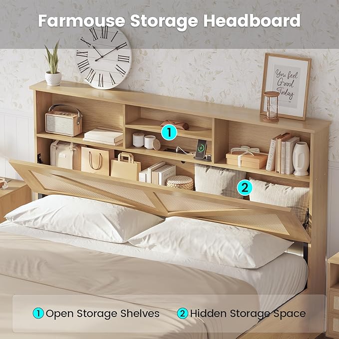 AOGLLATI Full Size Bed Frame with 4 Storage Drawers and Natural Rattan 2-Tier Bookcase Hidden Headboard, Boho Led Bed Frame Full Size with Charging Station, No Box Spring Needed, Wood