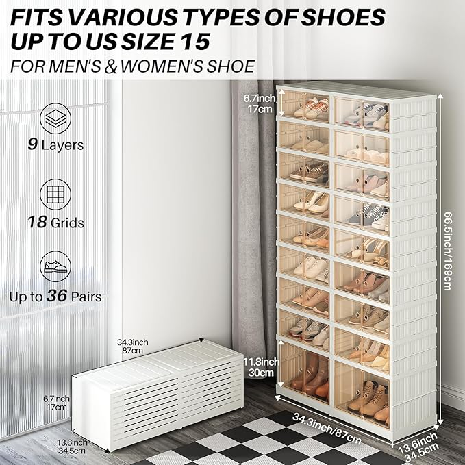 Redlife 9 Tier 36 Pairs Foldable Shoe Rack Organizer, Clear Portable Plastic Shoes Rack, Collapsible Shoes Storage Box with Lids Door, Large Tall Shoe Cabinet for Closet