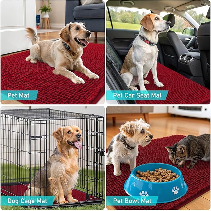 OLANLY Dog Door Mat for Muddy Paws 47x32, Absorbs Moisture and Dirt, Absorbent Non-Slip Washable Doormat, Quick Dry Chenille Mud Mat for Dogs, Entry Indoor Entryway Carpet for Inside Floor, Red