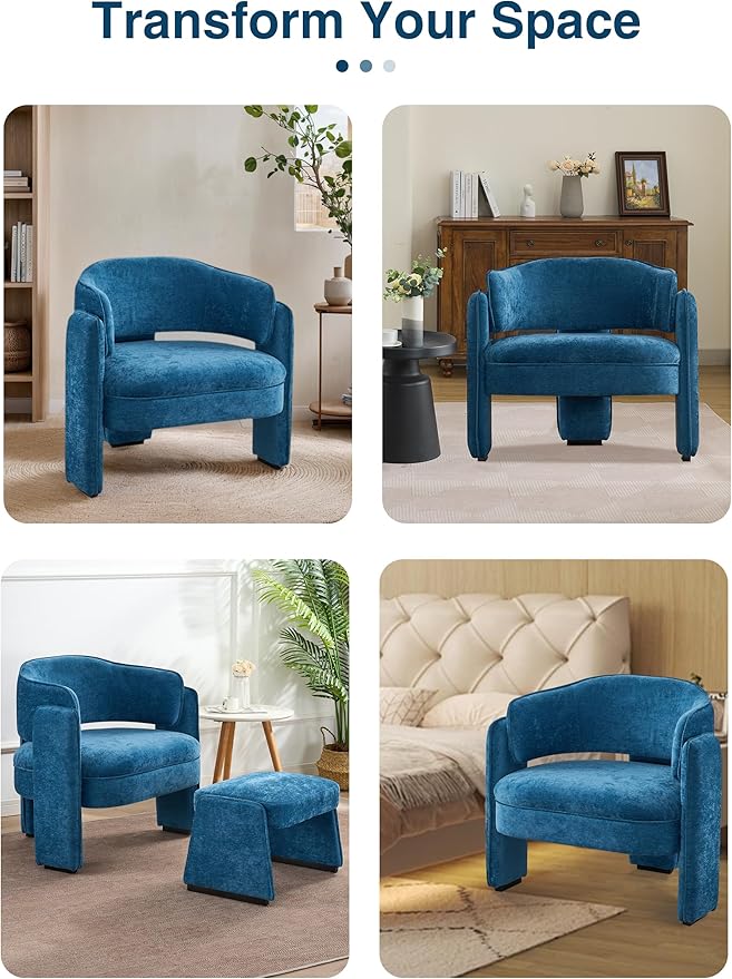 LOULENS Accent Chair with Ottoman, Oversized Barrel Chair, Modern Upholstered Comfy Armchair for Living Room, Bedroom, Reading Room & Corner, Blue