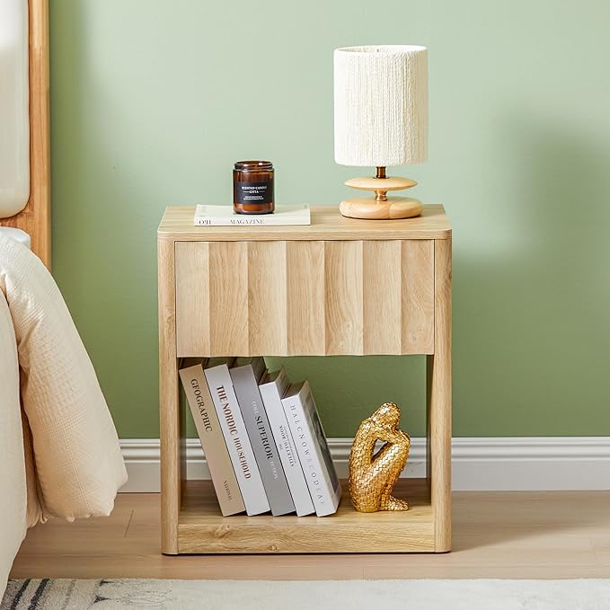 Fluted Dresser, Small Nightstands Set of 2, Natural Bedside Table with Drawer and Storage, Mid Century Modern Side Table for Bedroom Sofa
