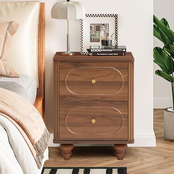 ORRD 2 Drawer Fluted Mini Small Dresser for Bedroom Set of 2, Mid Century Modern Nightstand Bedside End Table, Wood Storage Dresser Organizer for Bedroom Living Room, Walnut