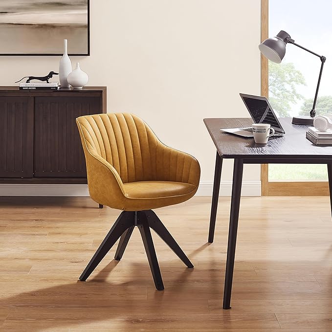 Zouron Mid Century Modern Accent Chair with Black Oak Wood Legs, Upholstered Swivel Chair No Wheels, Side Accent Armchair Vanity Chair for Small Space Home Office Living Room Bedroom, Yellow Brown