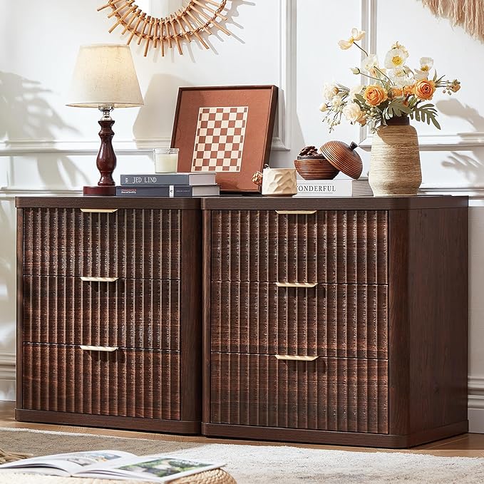 LEYAOYAO Fluted Farmhouse Nightstand Set of 2 with Charging Station, 23" Wide 3 Drawers Night Stand,Walnut Dresser for Bedroom,Bed Side Table Chest of Drawers,Wood End Table for Living Room