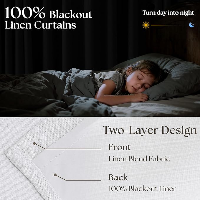Snow White Pinch Pleated Blackout Linen Curtains 86 Inches Long for Bedroom Pleated 100% Black Out Drapes with Liner Modern Farmhouse Extra Long 86 Inch Window Curtain Panel for Living Dining Room