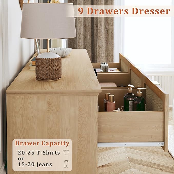9 Drawer Dresser for Bedroom, 60 Inch Long Dressers & Rattan Chest of Drawers, Large TV Stand for 55, 65, 70 Inch TV, Boho Style, Modern Dresser for, Living Room, Entryway, Bedroom, Natural Oak