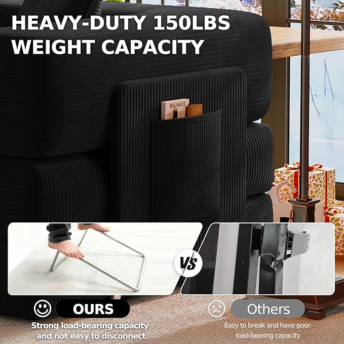 78.8" Convertible Sofa Bed,Corduroy Futon Couch with Storage Pocket,Folding Pull Out Futon Sofa, No Assembly Boneless Couch for Living Room,Black