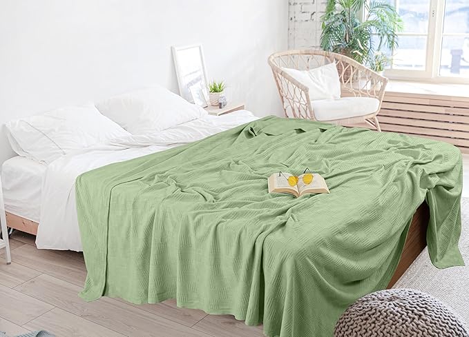 Utopia Bedding Sage Green 100% Cotton Blanket [Queen Size - 90x90 Inch] 350GSM Lightweight, Soft and Breathable Thermal Blanket for All Seasons