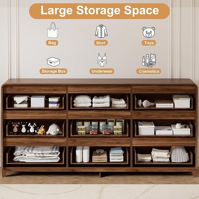 3 Pcs Bedroom Furniture Set, 9 Drawer Fluted Dresser and Nightstand Set of 2 with Charging Station, Modern Bed Side Table Chest of Drawers Storage Cabinet Set for Bedroom, Living Room, Walnut