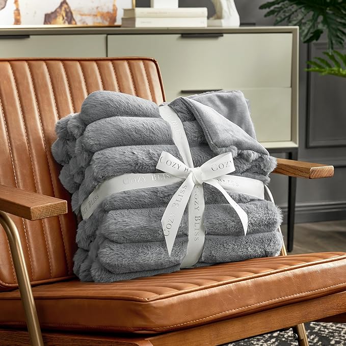 Cozy Bliss Faux Fur Throw Blanket for Couch, Cozy Warm Plush Striped Blanket for Sofa Bedroom Living Room, 60 * 80 Inches Gray