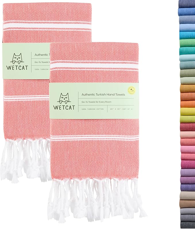 WETCAT Turkish Hand Towels with Hanging Loop, Set of 2 (20" x 30") 100% Turkish Cotton, Pre-Washed, Quick Drying, for Kitchen or Bathroom - Dark Coral