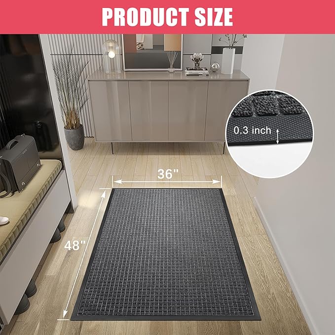Kuyal Front Door Mat, 3'*4' Door Mat for Inside Outside Entrance,Waterproof Welcome Mats with Non-Slip Backing, Indoor Outdoor Entryway, Commercial Floor Mats, Durable & Easy to Clean, Dark Gray