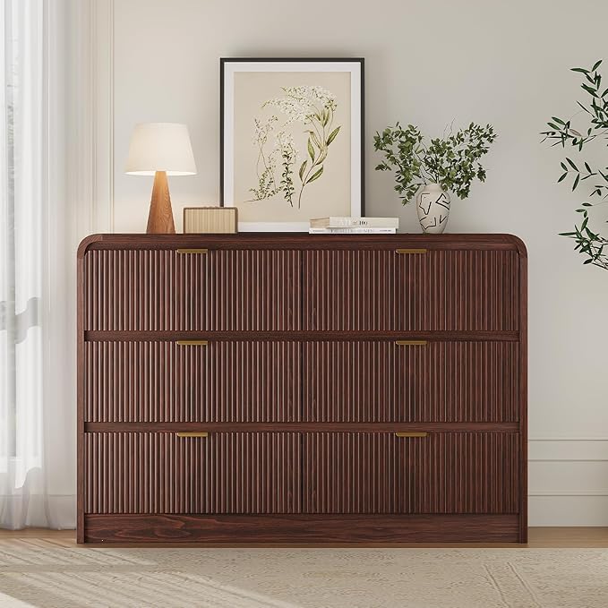FURSUN Fluted 6 Drawers Dresser for Bedroom, 54" Wide Wooden Dresser with Metal Handle, Curved Profile Design, Modern Storage Organizer for Bedroom, Living Room, Hallway, Walnut