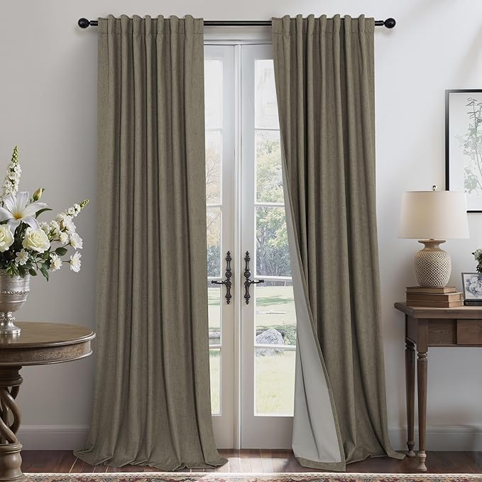 Brown Room Darkening Curtains 96 Inch Long for Living Room Dining Back Tab Linen Blackout Drapes Rustic Neutral Energy Efficient Black Out Window Curtain Panels for Bedroom Home Office Earth Cottage