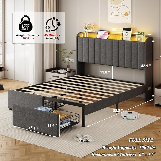 Full Size Bed Frames with Storage Headboard and 2 Drawers, Upholstered Platform Bed Frame Full with Led Lights and Handy Charging Station, No Box Spring Needed, Easy Assembly, Noise Free, Gray