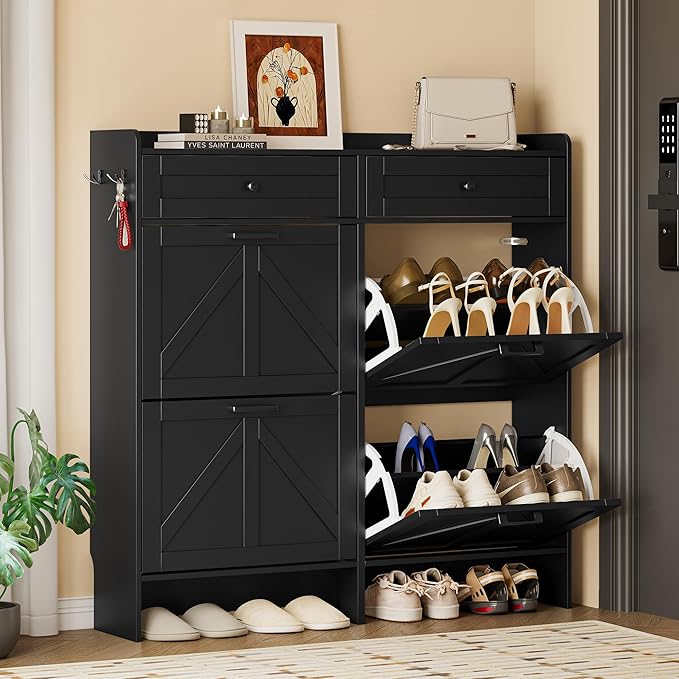 Shoe Storage Cabinet for Entryway, Farmhouse Wide Shoe Cabinet with 4 Flip Drawers and 2 Top Drawers, Freestanding Organizer with Adjustable Shelves, Hooks, and Anti-Tip Kit for Hallway